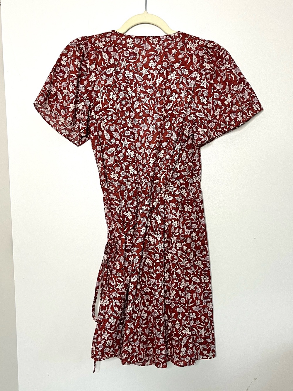 Madewell Maroon White Ditsy Floral Wrap Mini Dress Spring Summer Cottagecore Sm - Picture 7 of 8